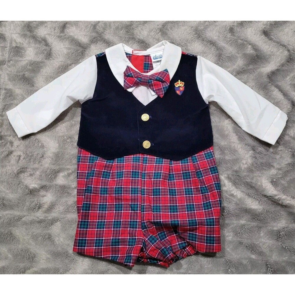 Alexis Baby Vtg USA 6 Months Boy Red Plaid Bowtie Formal Party Romper Outfit
